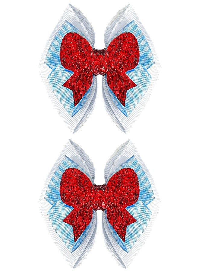 Gullora 2 Pcs Red Glitter and Blue Gingham Hair Bow Clips, Sparkly Costume Accessories for Halloween, Dress-Up Events & Theme Outfits - Image 1